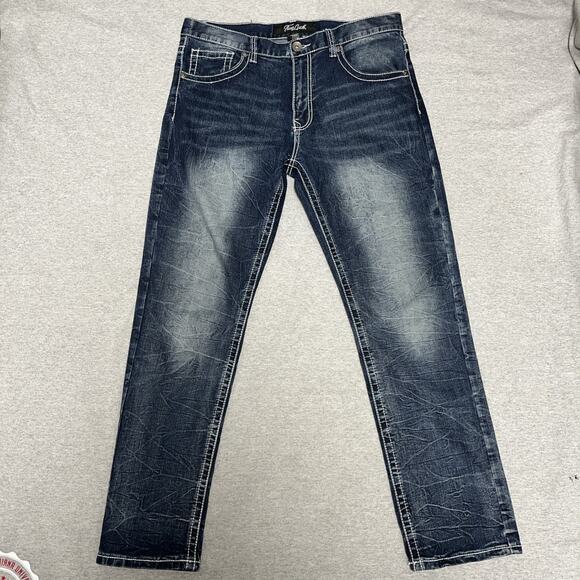 True Luck Men’s Jeans Sz 36X32 Blue Embroidered Pocket Denim Straight Leg - Picture 1 of 6